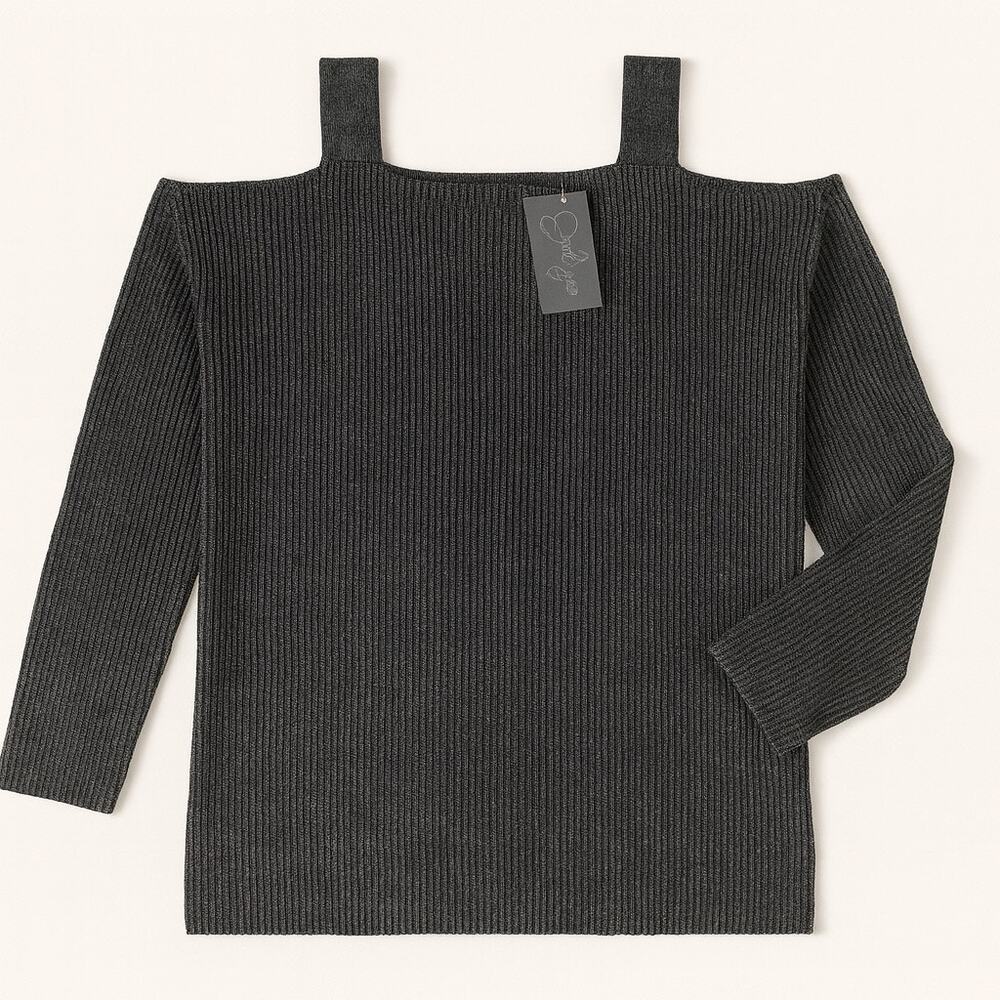 NEW Mazik Dark Grey Cold Shoulder Ribbed Long Sleeve Sweater Side Slit Small
